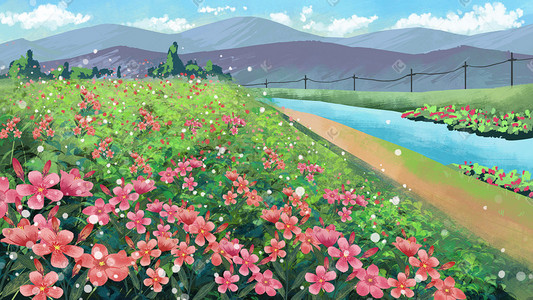 夏天唯美治愈手绘花朵花海草地田园乡村背景