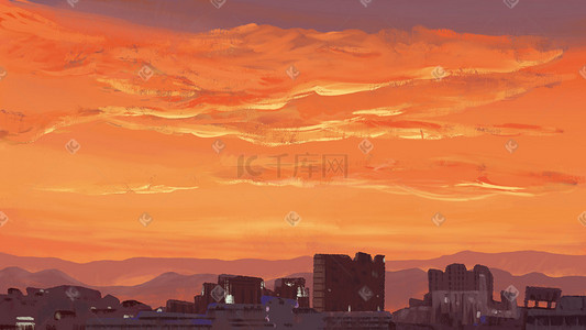 落日的天空插画图片_黄昏的城市边缘天空插画