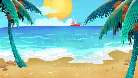 花卉卡通手绘插画图片_卡通手绘风夏景海边椰子树配图