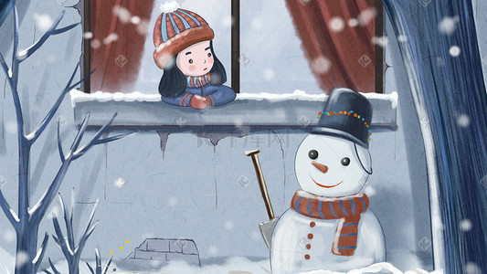看雪景插画图片_冬至小女孩大雪窗外看雪人风景