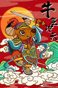 左右门神插画图片_2021红色牛年新年中国风喜庆门神插画