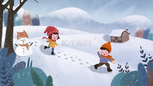 孩子推理插画图片_冬景冬天孩子在雪地里玩耍