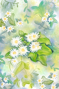 白花绿叶插画图片_繁华花海花朵白花唯美背景