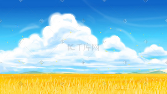 黄色背景云朵插画图片_夏天天空蓝天白云稻穗稻田背景