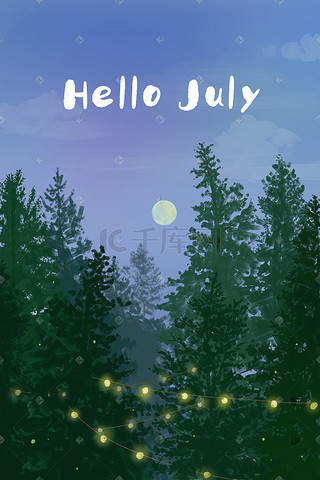 七月你好插画图片_七月你好治愈夏天风景月亮天空树林树灯插画背景