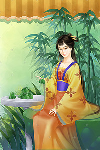 手绘端午节古风美女人物插画端午