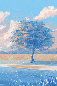 树叶插画图片_蓝色秋天天空蓝天云草地山树叶树风景背景