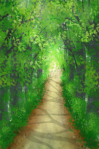 小路树林景色插画图片_绿色系治愈唯美树林森林小路树木道路树影