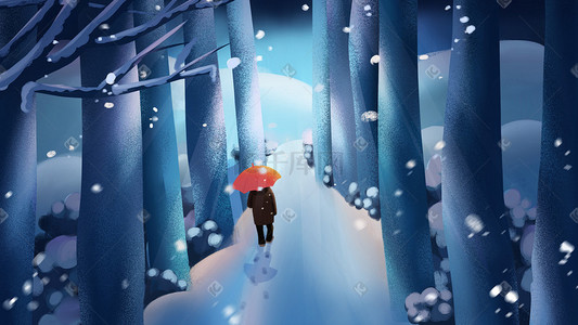 雪中打伞插画图片_小雪节气立冬森林雪中行走