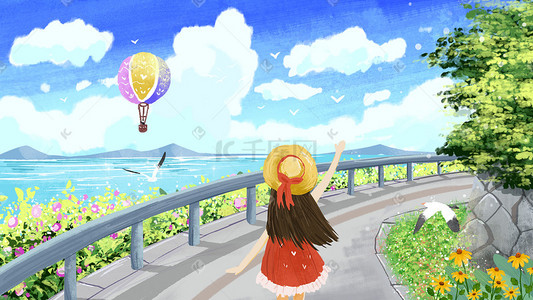 打招呼插画图片_夏天景色对热气球的你打招呼