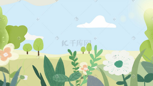 小清新暖色插画图片_暖色夏天小清新花草风景