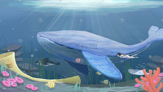 鲸鱼海洋插画图片_夏日的海洋鲸鱼邂逅