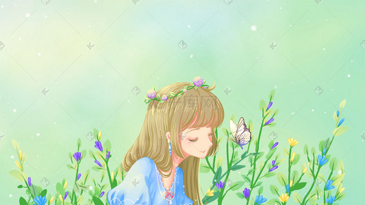闭眼侧脸插画图片_绿色唯美卡通春季夏季赏花少女与蝴蝶配图