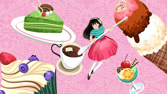 减肥配图插画图片_粉色系卡通手绘风美食冰淇淋蛋糕配图