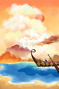 天空太阳卡通插画图片_卡通手绘天空云夕阳太阳大海船背景
