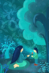 母孩子插画图片_蓝色夏季 手绘插画 母亲节 母亲和孩子