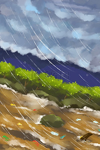 备战台风插画图片_洪水台风暴雨山体滑坡场景背景插画