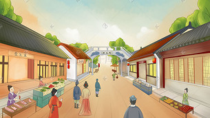 新年春节新中国风古代集市场景手绘插画