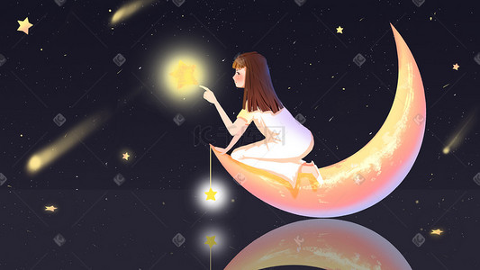 月亮卡通插画图片_5月你好少女星空月亮卡通小清新插画