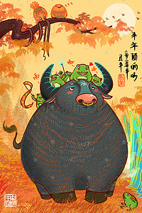 中国风十二生肖插画图片_2021牛年顶呱呱中国风丑牛青蛙