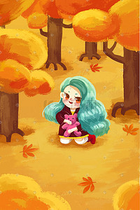 秋的背景插画图片_秋天树林里的小女孩