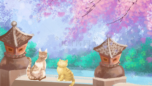 樱花节手绘立夏粉色清新猫咪插画