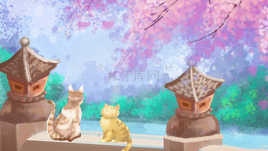 樱花节手绘插画图片_樱花节手绘立夏粉色清新猫咪插画