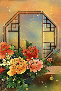 牡丹叶子插画图片_重彩中国风窗外的牡丹花插画