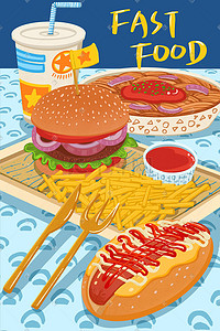 藤椒鸡排汉堡插画图片_美食汉堡薯条快餐