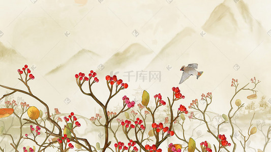 国画山水插画图片_秋季节气复古工笔国画山水红果子飞鸟风景