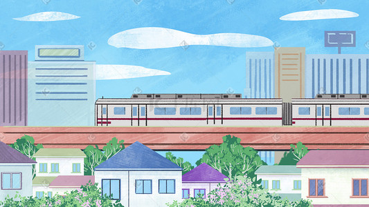 旅游城市插画图片_交通工具之轻轨风景城市建筑