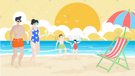 海滩游玩插画图片_旅游海滩矢量扁平风插画