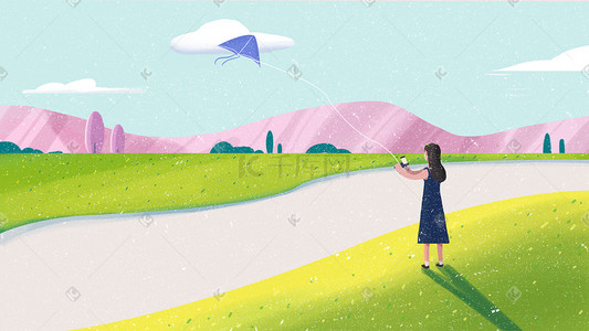 草地扁平风插画图片_暖色扁平风春天放风筝的女孩