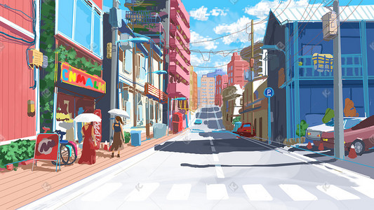 夏季遮阳伞插画图片_阳光小镇夏季炎热阳光夏景街道