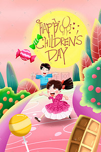 巧克力糖果插画图片_卡通手绘风儿童节节日男孩女孩玩耍配图六一
