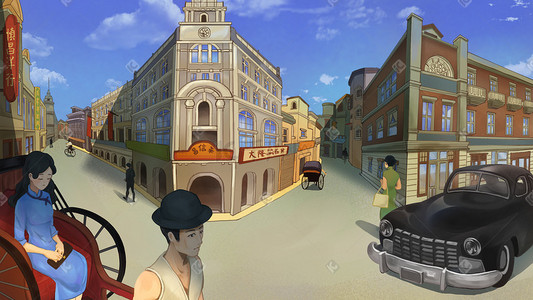 插画夏天的街道红绿灯斑马线新年春节中国风古建筑商业街逛街生活妇女