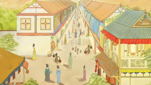 古代集市插画图片_中国风古风建筑古代老街的人和房子