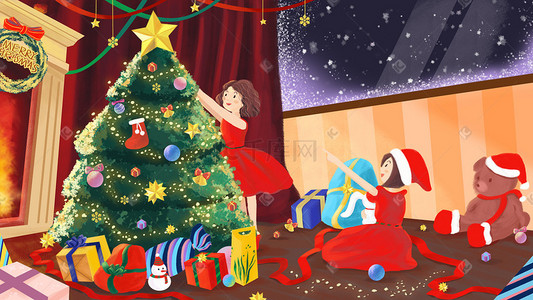 装饰圣诞树插画图片_圣诞节装饰圣诞树
