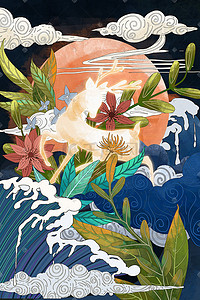 西式花纹插画图片_国潮树叶云朵浮世绘图腾手绘风景背景