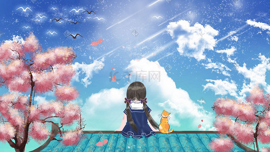 女孩屋顶看风景天空蓝天云樱花背景