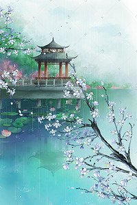 花卉古风插画图片_中国风雨季山水夏季凉亭白玉长廊古风场景