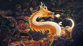 国潮金色龙手绘插画背景