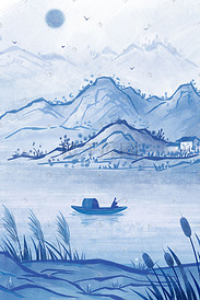 青花瓷主题中国风湖上钓鱼山水风景
