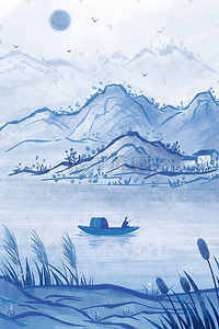 中式风景插画图片_青花瓷主题中国风湖上钓鱼山水风景