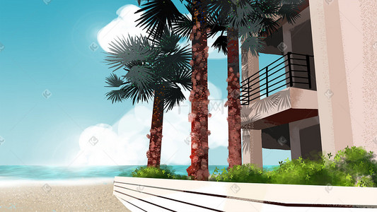 海边棕榈树度假酒店风景