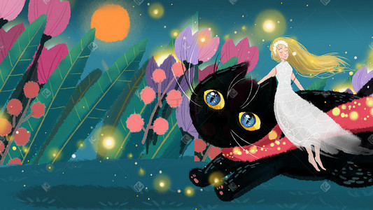 黑猫插画图片_卡通手绘风夏景黑猫女孩配图