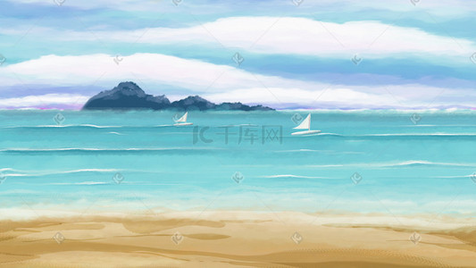 诗意大海插画图片_夏天海海洋大海海边海滩天空蓝天云背景