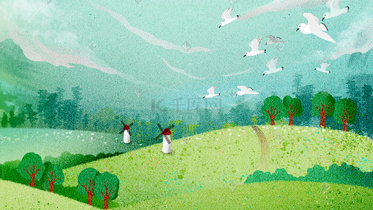 风车牧场插画图片_春天天空蓝天云草地树叶树鸟风车风景背景