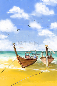 夏天海边沙滩船天空蓝天云海大海海浪风景