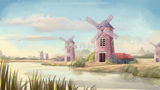 精美的风车插画图片_蓝色水彩风格乡村风车湖景风景背景